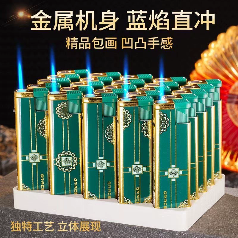 Metal iron shell windproof lighter wholesale inflatable direct blue flame advertising lighter 