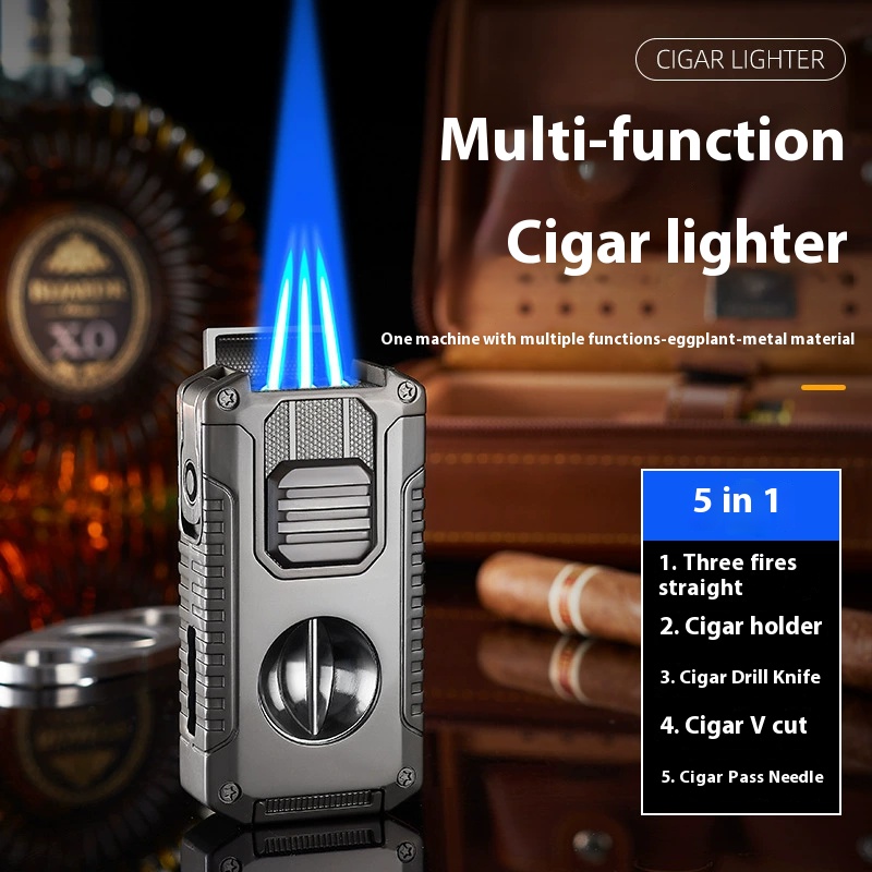 Creative 5-in-1 3-fire direct cigar lighter comes with V-shaped cigar cutter portable multi-function