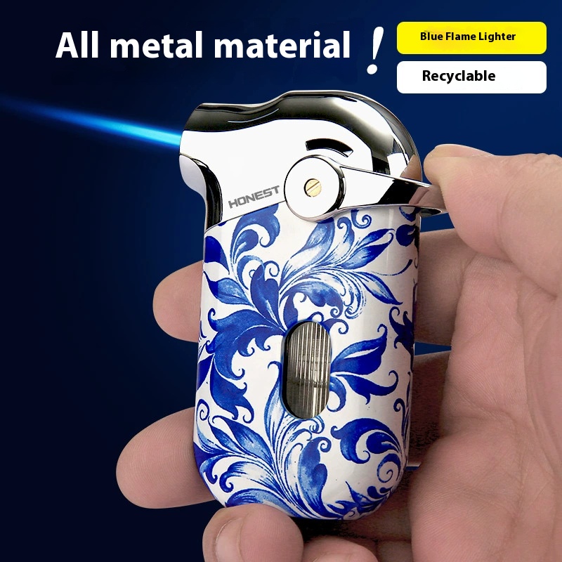 Windproof inflatable metal lighter directly into blue flame cigarette lighter high-end men's fashion