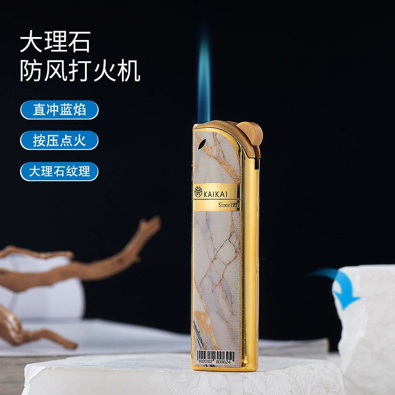 Marble metal windproof blue flame straight flush lighter inflation factory wholesale