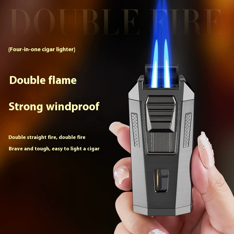 Powerful three fire direct blue flame cigar lighter large capacity visible air bin portable