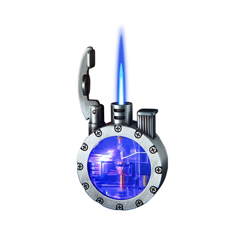 Direct impact retro round windproof blue flame LED light inflatable high appearance level lighter