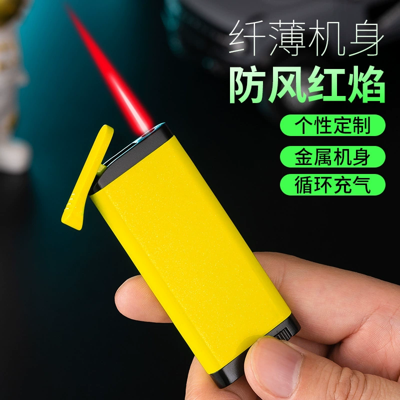 The new inflatable windbreaker ultra-thin lighter windproof red flame metal body lighter is selling 