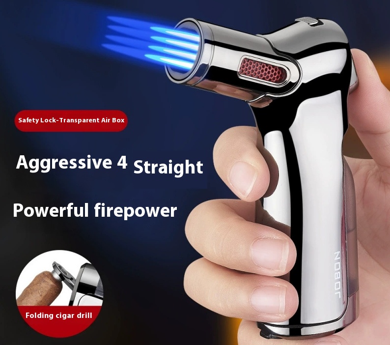 Four straight fire lighter moxibustion igniter Outdoor barbecue cigar lighter with safety lock