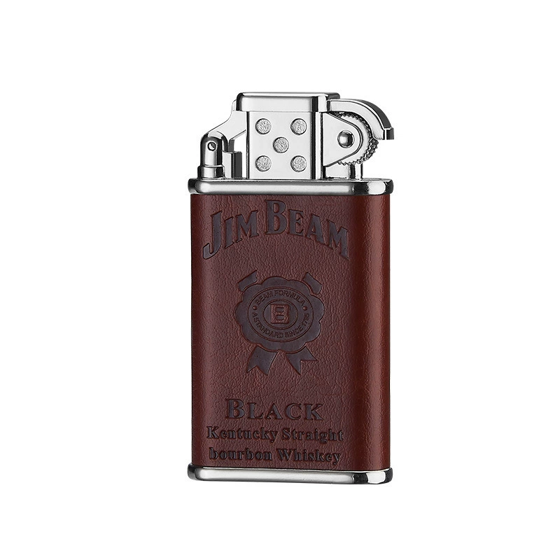 Windproof blue flame ceramic ignition zinc alloy plated leather embossed lighter