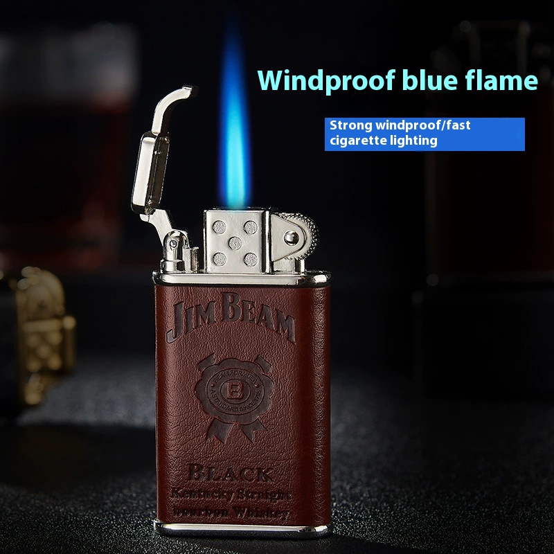 Windproof blue flame ceramic ignition zinc alloy plated leather embossed lighter