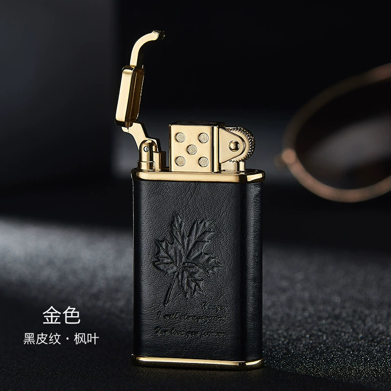 Windproof blue flame ceramic ignition zinc alloy plated leather embossed lighter