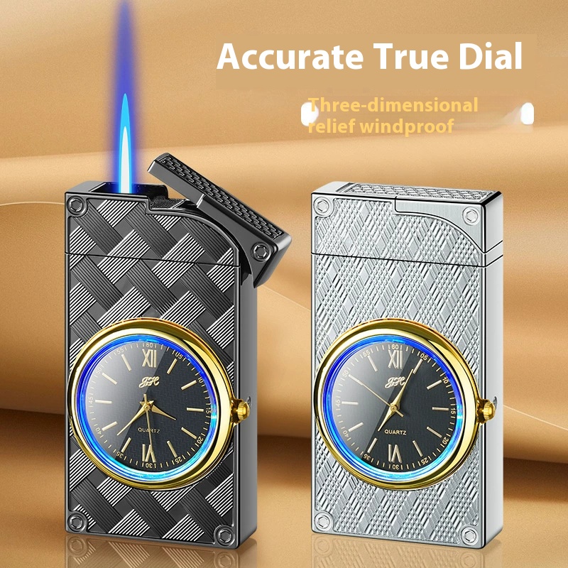 New creative clock lighter Windproof inflatable lighter metal direct flush cigarette lighter printed