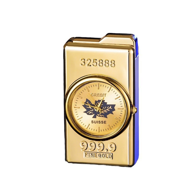 Alloy material travel time accurate real watch inflatable lighter windproof straight blue flame gold