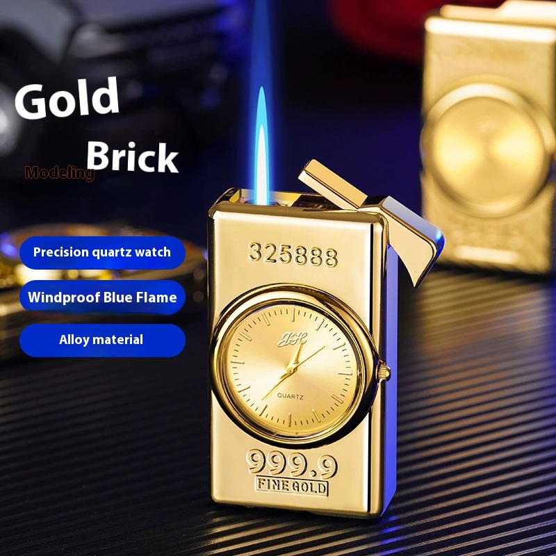 Alloy material travel time accurate real watch inflatable lighter windproof straight blue flame gold