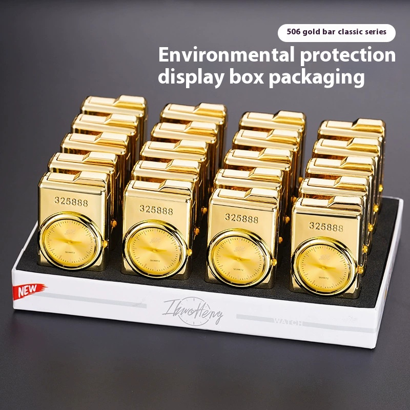 Alloy material travel time accurate real watch inflatable lighter windproof straight blue flame gold
