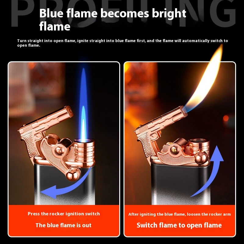 Metal rocker arm double flame lighter direct impact switch open fire inflatable lighter can be laser