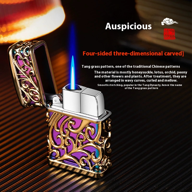 Metal lighters windproof blue flame direct personality gas gilt Tang grass home wholesale color ice
