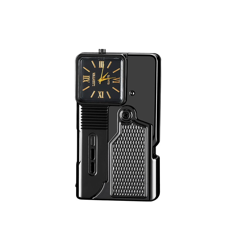 Metal gun type windproof inflatable lighter foldable personality creative quartz watch pistol shape 