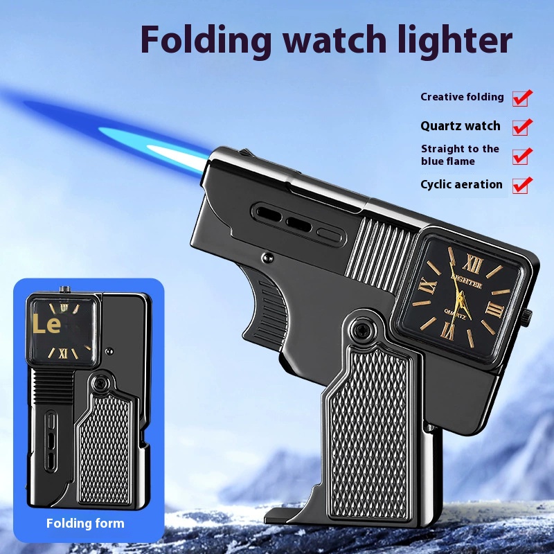 Metal gun type windproof inflatable lighter foldable personality creative quartz watch pistol shape 