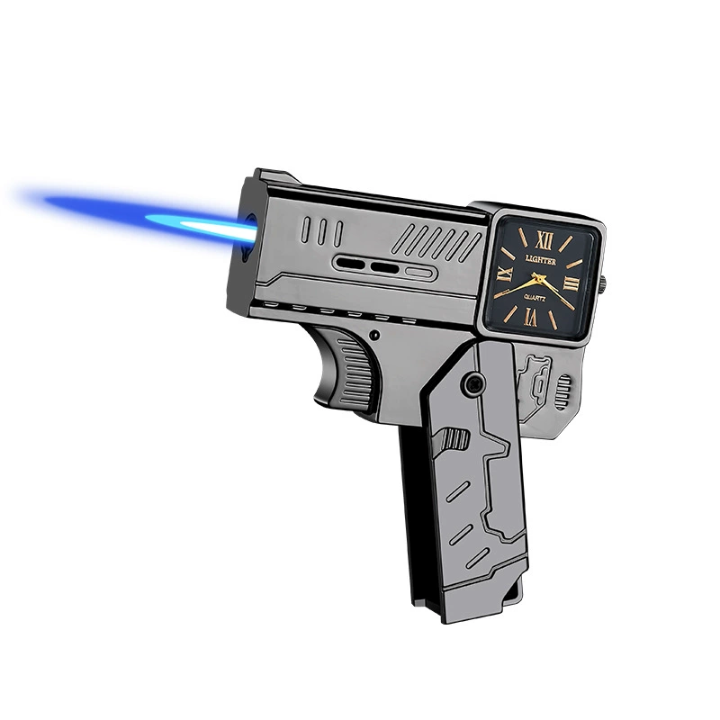 Metal gun type windproof inflatable lighter foldable personality creative quartz watch pistol shape 