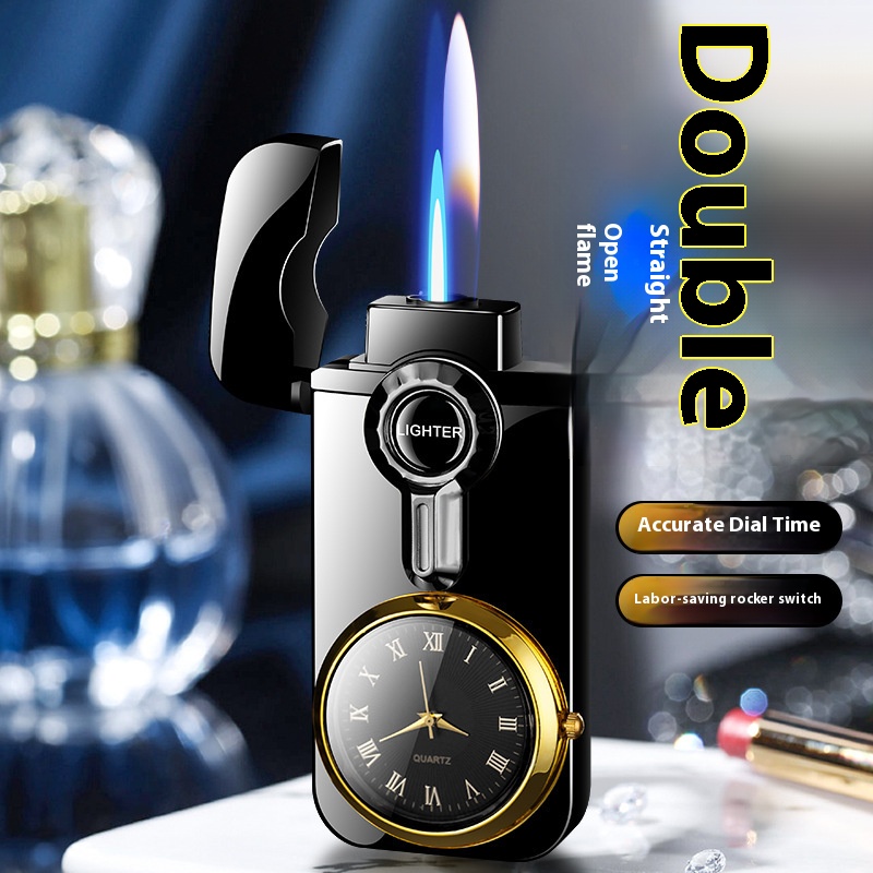 Quartz watch rocker arm ignition double flame inflatable windproof lighter metal cross-border supply