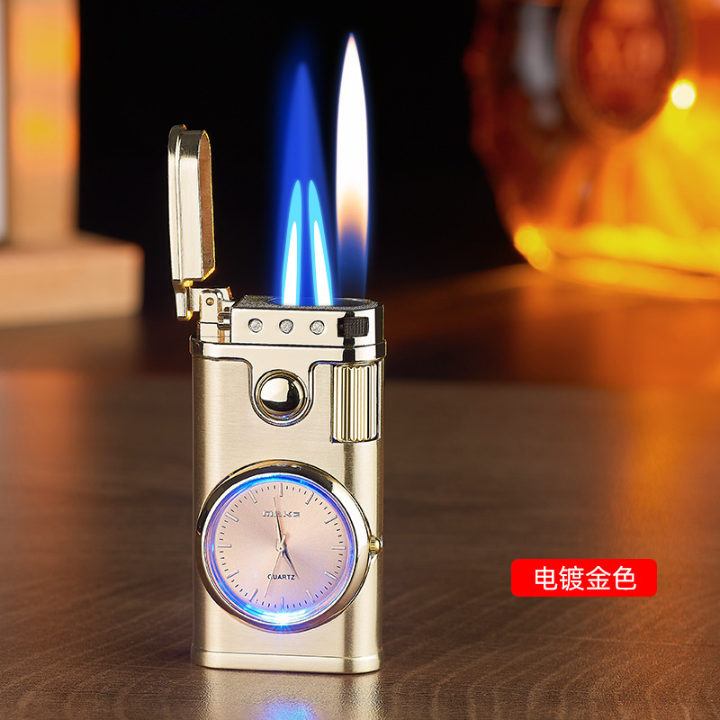 Three fire real quartz watch dial double direct blue flame to open flame inflatable lighter live 