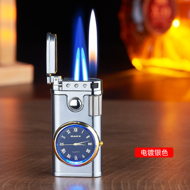 Three fire real quartz watch dial double direct blue flame to open flame inflatable lighter live 