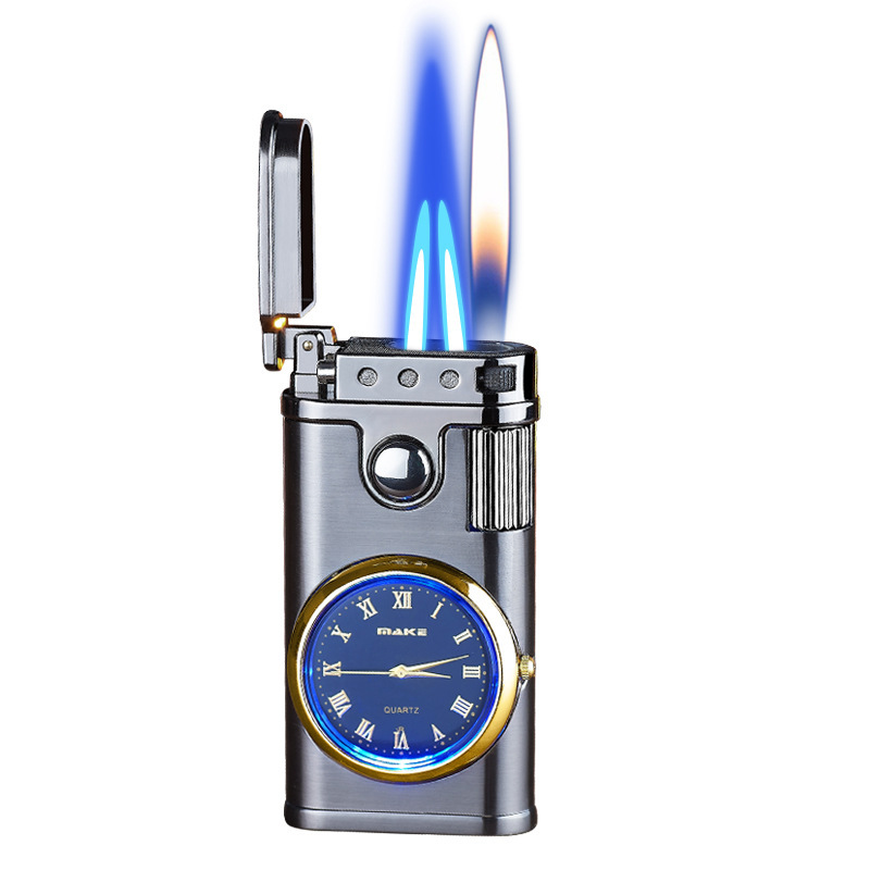 Three fire real quartz watch dial double direct blue flame to open flame inflatable lighter live 