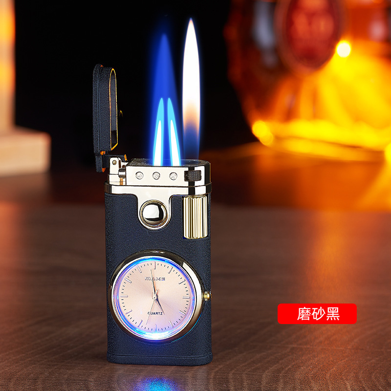 Three fire real quartz watch dial double direct blue flame to open flame inflatable lighter live 