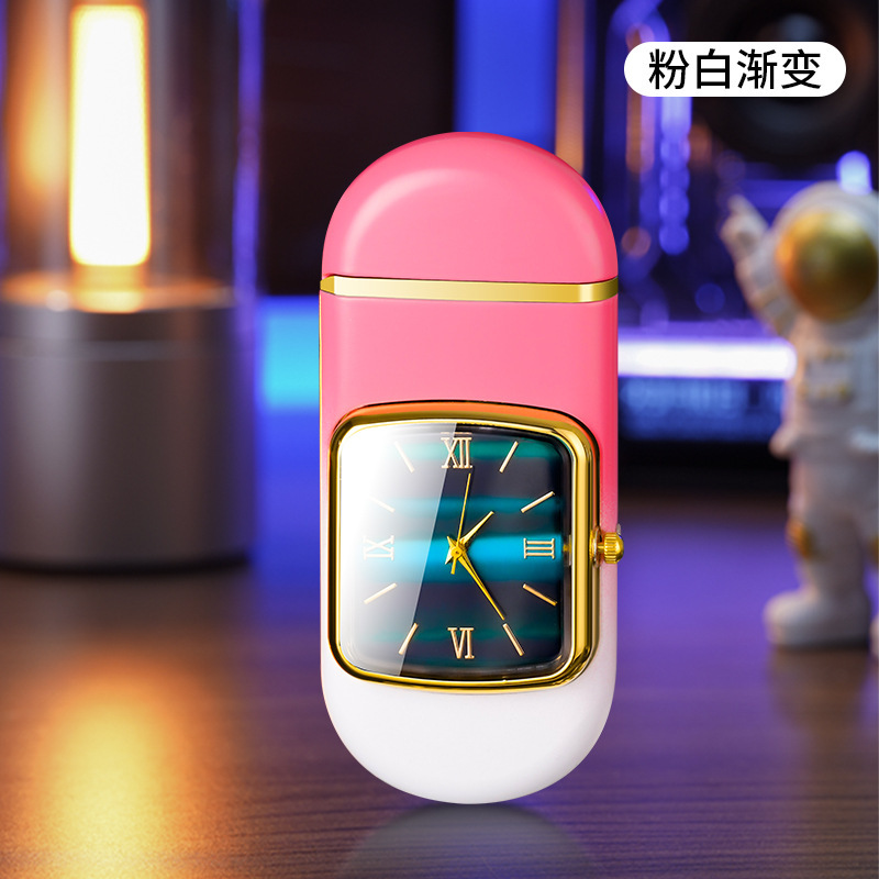 Oval shape watch lighter True quartz dial multi-function windproof blue flame cigarette lighter 