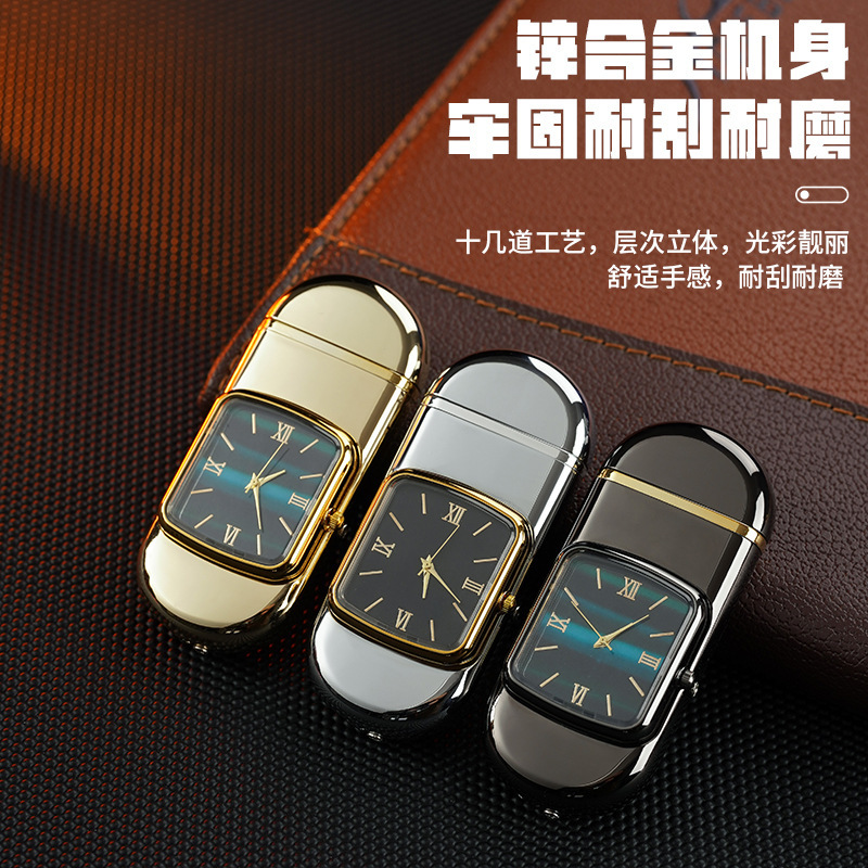 Oval shape watch lighter True quartz dial multi-function windproof blue flame cigarette lighter 