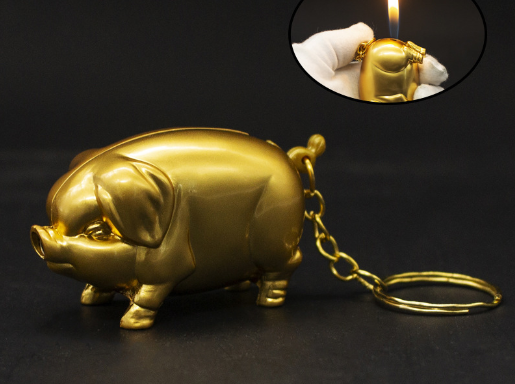 Fun and creative golden pig New Year goods metal inflatable keychain lighter open fire