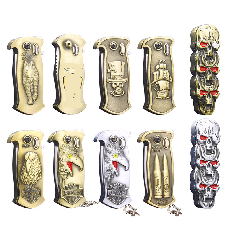 Ghost head windproof inflatable lighter creative three skull lighter with knife