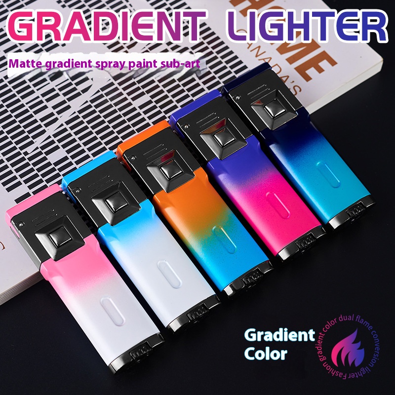 Fashionable gradient double fire conversion inflatable lighter straight to windproof