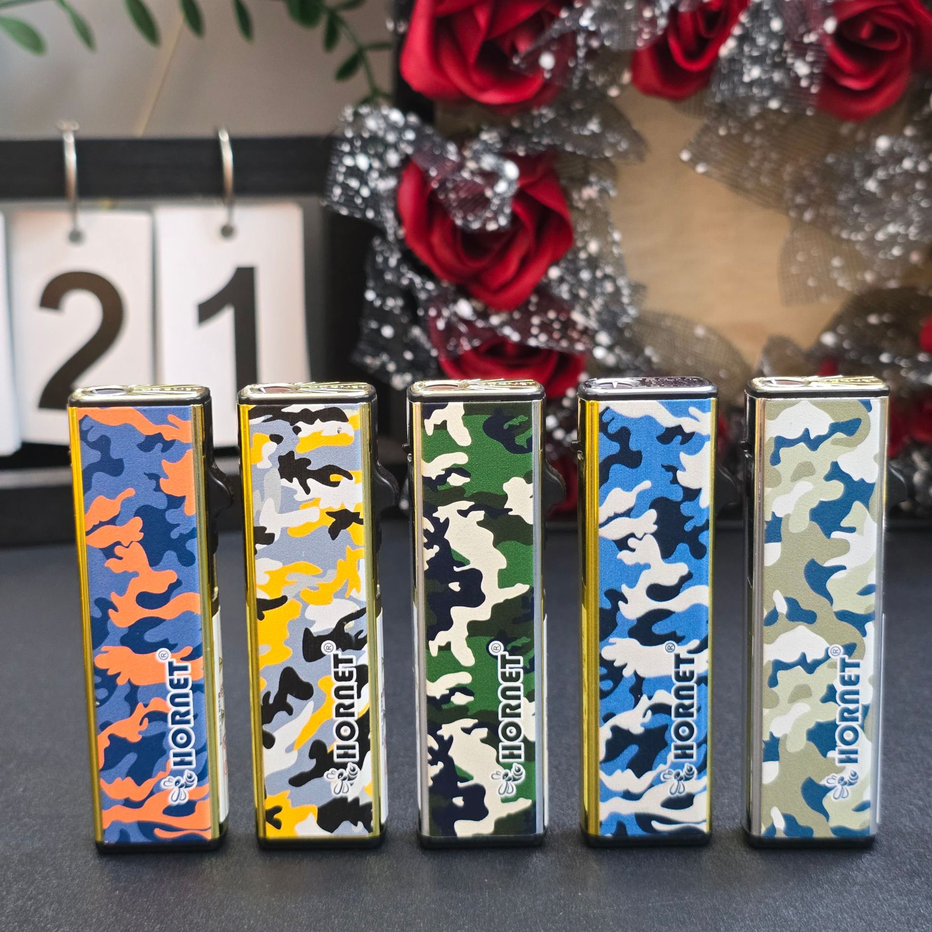 Camouflage picture side metal direct blue flame lighter printing logo advertising disposable lighter