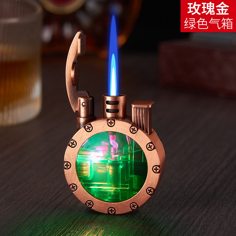 Direct-rush retro round windproof blue flame LED luminous inflatable high-value lighter