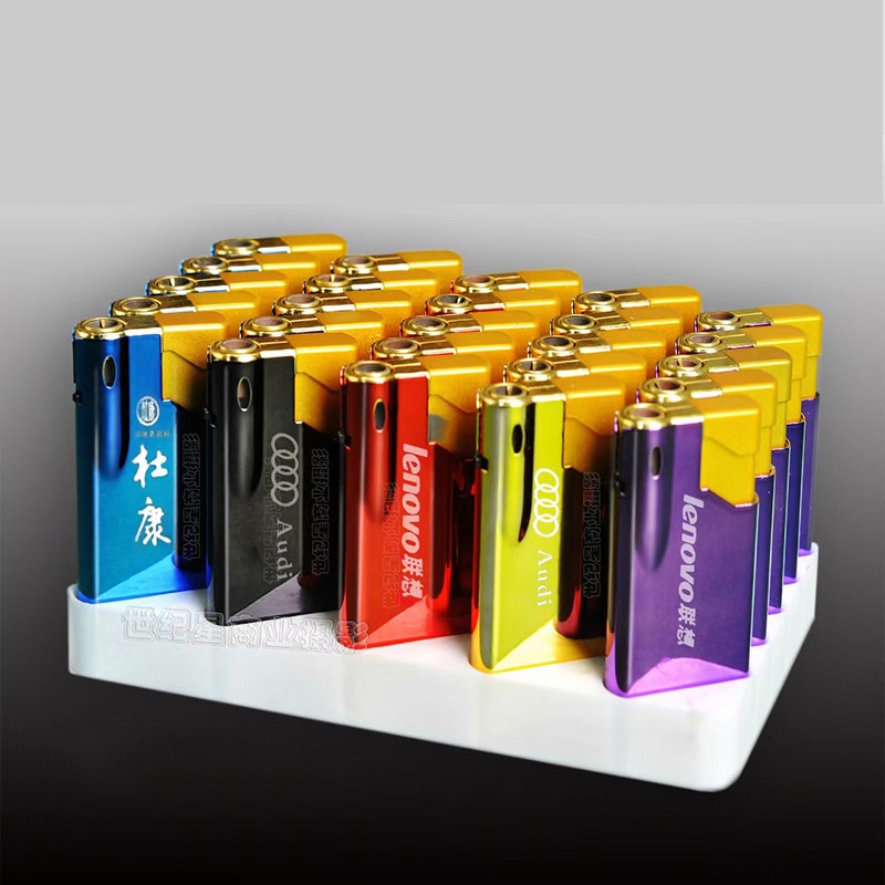 Short metal lighter custom advertising logo windproof blue flame direct impulse laser engraving