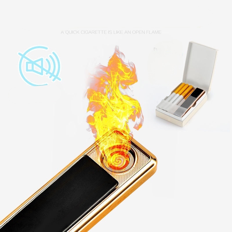 Metal USB charging lighter ultra-thin long strip windproof silent silent lighter wholesale