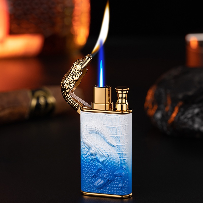 Double fire gas lighter metal three-dimensional relief direct flush conversion open flame lighter 