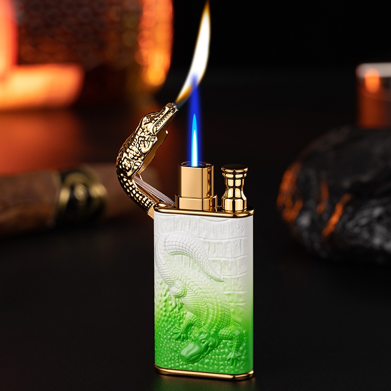 Double fire gas lighter metal three-dimensional relief direct flush conversion open flame lighter 