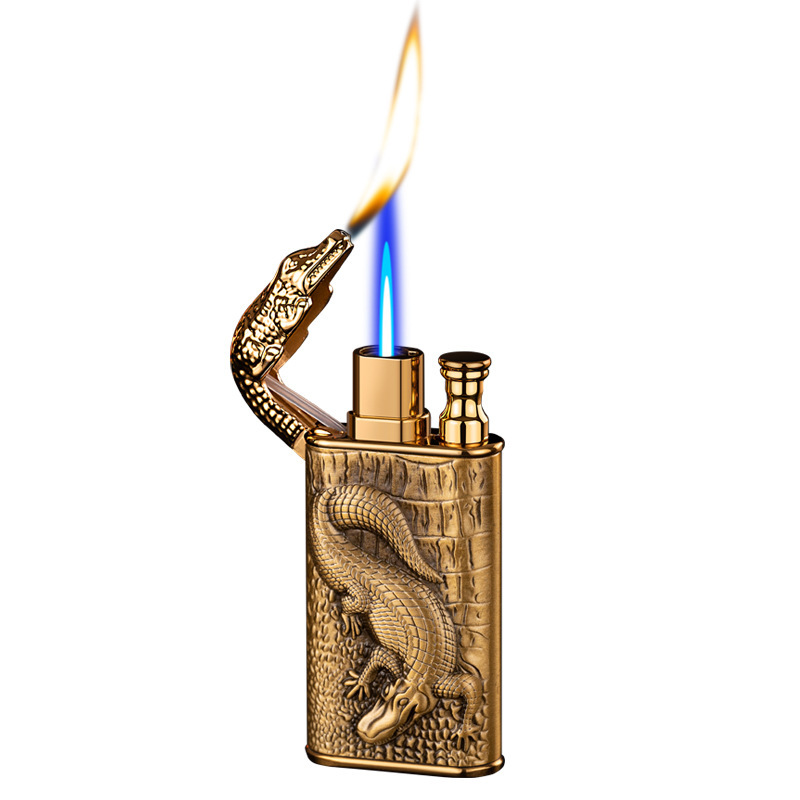 Double fire gas lighter metal three-dimensional relief direct flush conversion open flame lighter 