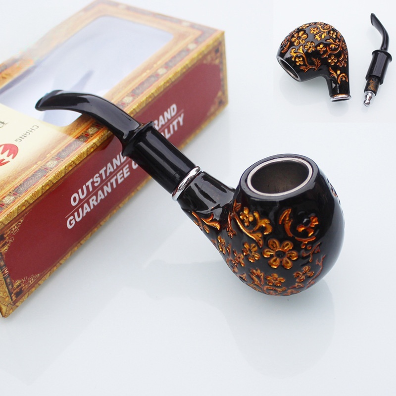 Bakelite curved carving cleaning filter pipe classic black carving tobacco pipe