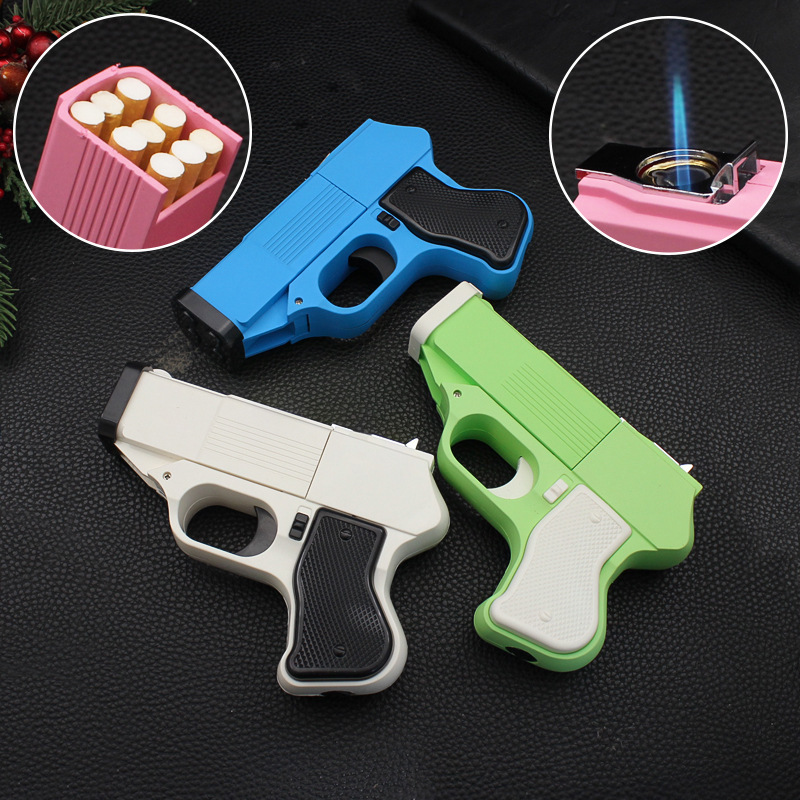 Gun type cigarette box windproof lighter inflatable and decompressed toys fun cigarette lighter 