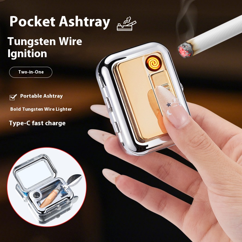 Creative and stylish square ashtray with lighter portable two-in-one carry-on ashtray