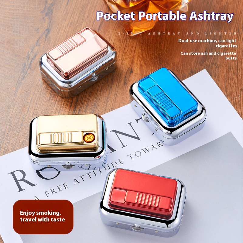 Creative and stylish square ashtray with lighter portable two-in-one carry-on ashtray