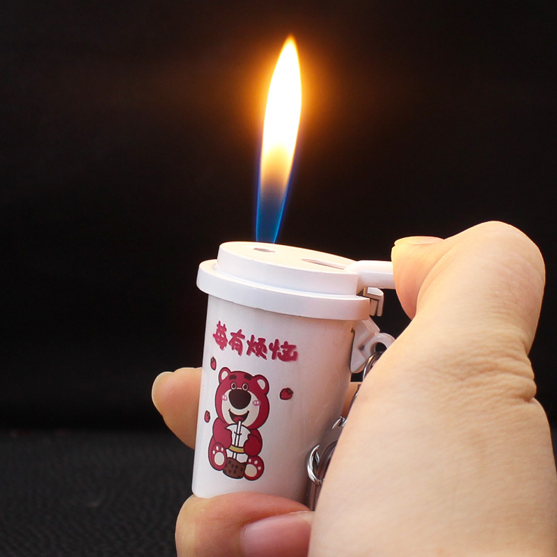 Novel cartoon pattern milk tea cup lighter plastic metal open flame